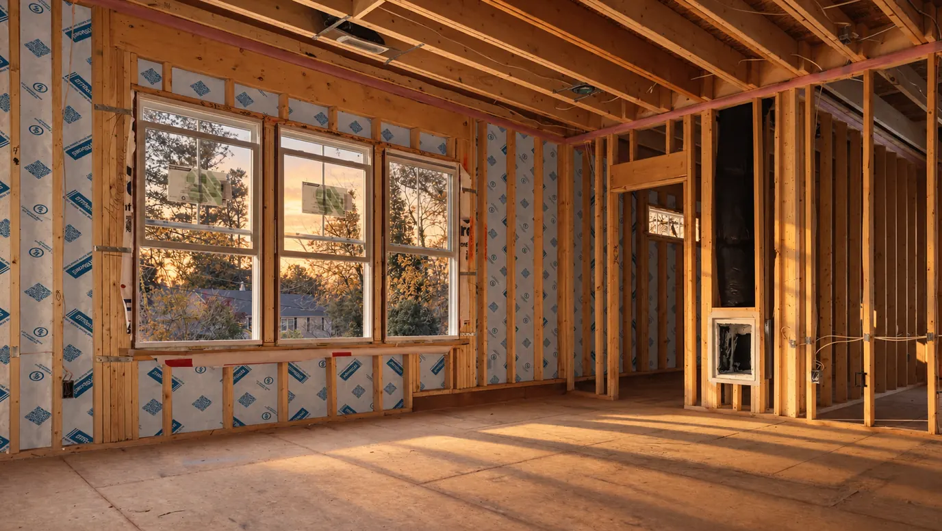 Warm sunset light falls through the windows of an unfinished home, illuminating exposed timber framing and BTRboard wall panels